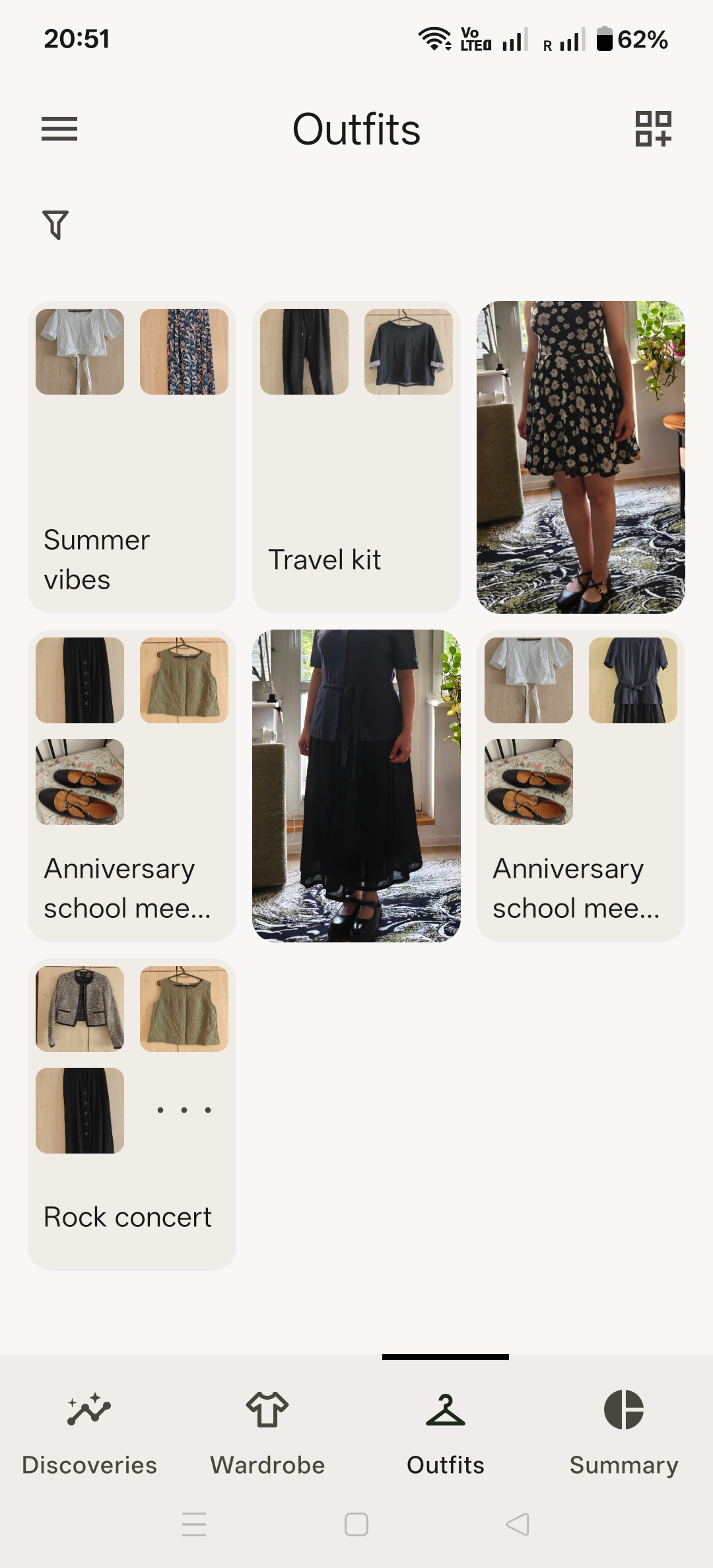 Outfits view with saved looks